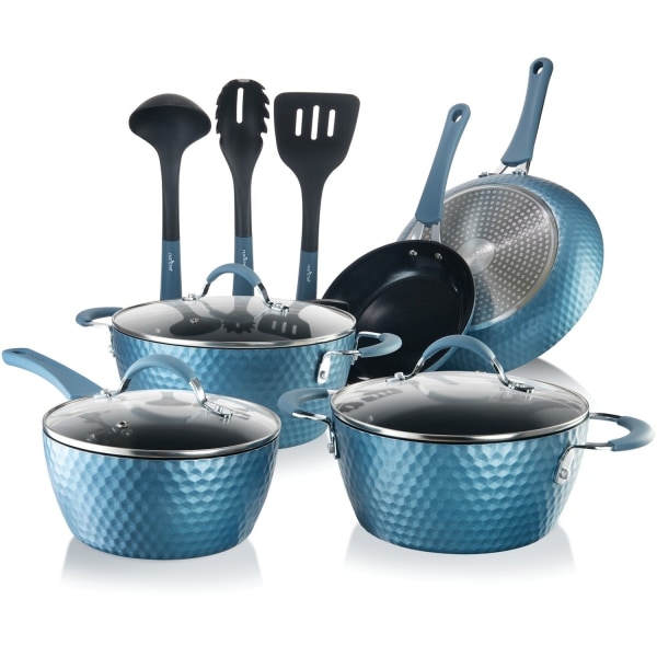 NutriChef Diamond Home Kitchen Cookware Set (Blue) - 11 Pieces - Cooking, Frying, Sauce - 1.70 quart - 2nd Saucepan 3rd Saucepan - 8" Frying Pan - 11"