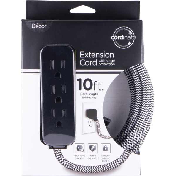 Cordinate 3Outlet 16Gauge Extension Cord With Surge Protection 10 BlackWhite