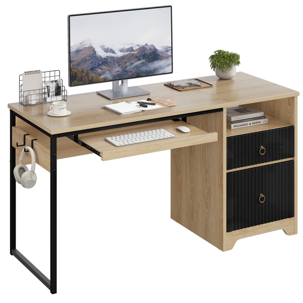 Photos - Keyboard Bestier 56"W Writing Computer Desk With Storage And  Tray, Natural Oak H104614P-LOG