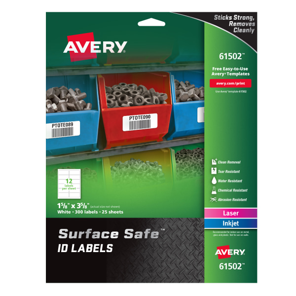 Avery Surface Safe ID Labels  1-5/8  x 3-5/8   Water Resistant  Matte White  Removable Adhesive  300 Labels (61502)