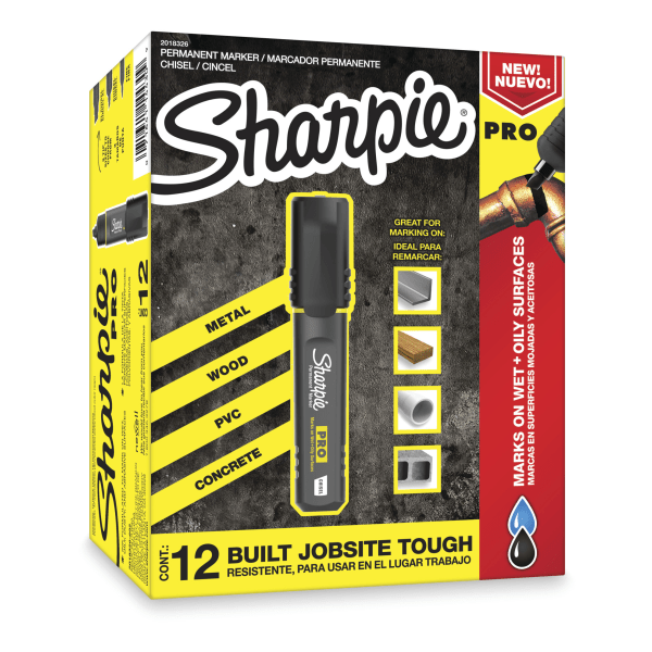 Sharpie® PRO Permanent Markers, Chisel Tip, Medium Point, Black/Gray Barrel, Black Ink, Pack Of 12 Markers