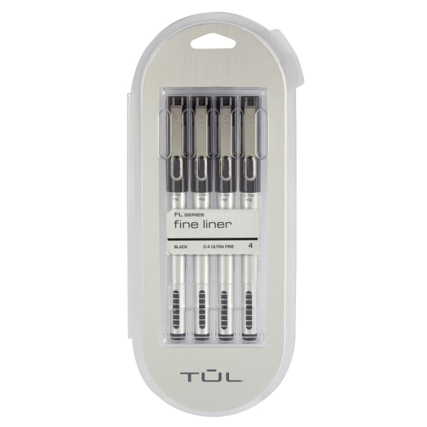 TUL Fine Liner Felt-Tip Pens, Ultra-Fine, 0.4 mm, Silver Barrel, Black Ink, Pack Of 4 Pens