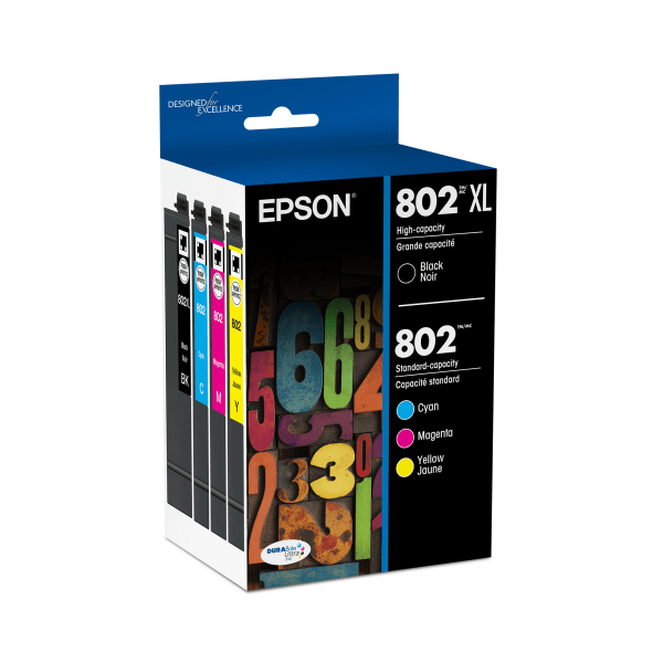 Epson® 802XL Black/802 DuraBrite® Cyan; Magenta; Yellow High-Yield Ink Cartridges, Pack Of 4, T802XL-BCS