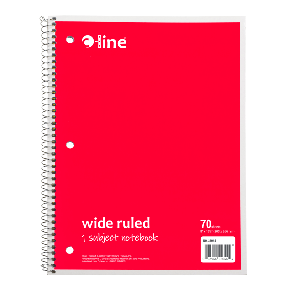C-Line Wide Rule Spiral Notebooks, 8"" x 10-1/2"", 1 Subject, 70 Sheets, Red, Case Of 24 Notebooks -  22044-CT