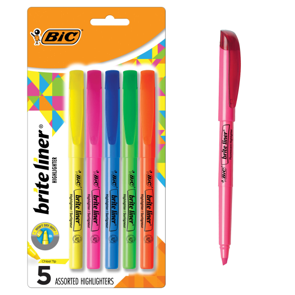 BIC Brite Liner Stick Highlighters, Chisel, Assorted, 5/Pack (BLP51W-AST)