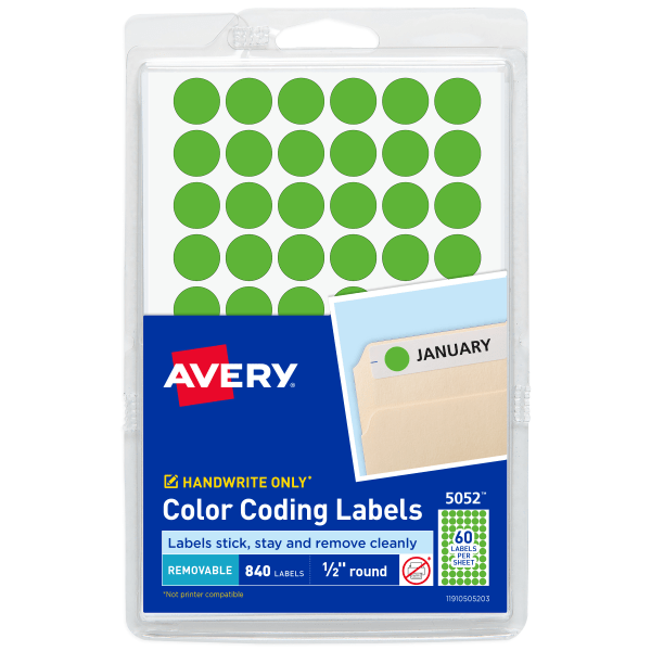 Color-Coding Removable Labels, 5052, Round, 1/2 inch Diameter, Neon Green, Pack Of 840 Non-Printable Dot Stickers