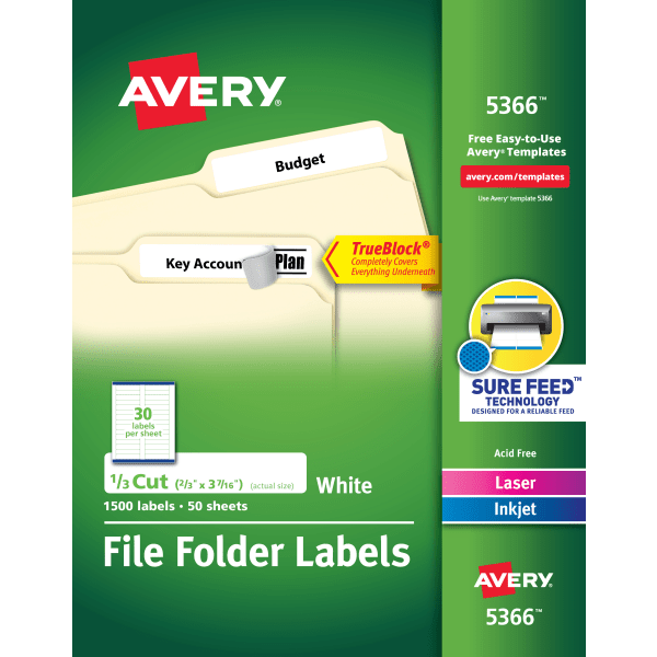 Avery® TrueBlock® File Folder Labels With Sure Feed® Technology, 5366, Rectangle, 2/3" x 3-7/16", White, Pack Of 1,500