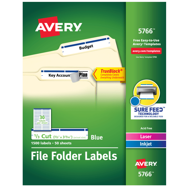 Avery&reg; TrueBlock&reg; Permanent Inkjet/Laser File Folder Labels, 5766, 2/3&quot; x 3 7/16&quot;, Blue, Box Of 1,500 AVE5766