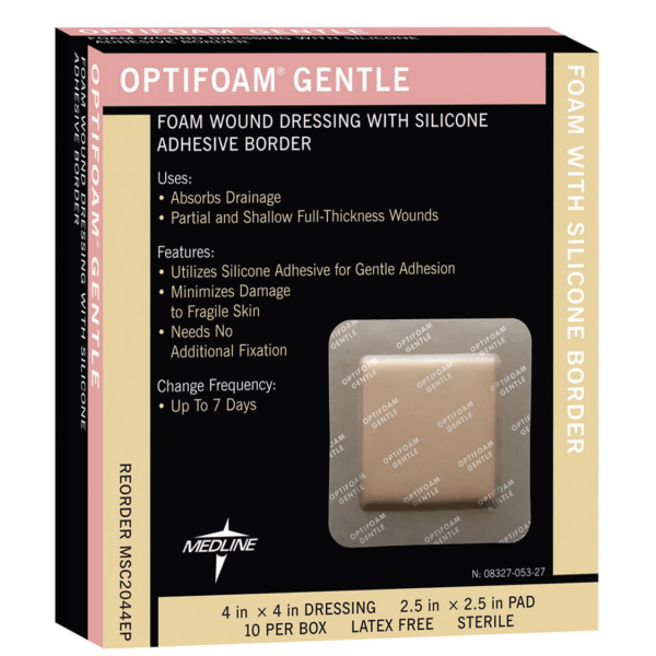 Optifoam® Gentle Border Adhesive Dressings, 4"" x 4"", Tan, Box Of 10 -  Old Holland, MSC2044EPZ