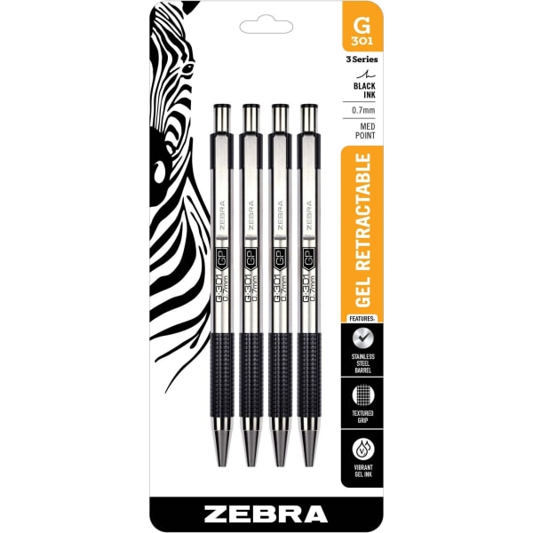 Zebra G-301 Stainless Steel Retractable Gel Pen  0.7mm  Black Ink  4-Pack