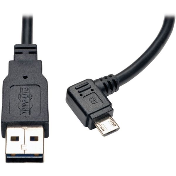 Tripp Lite Reversible USB Charge Cable A to Right Angle 5-Pin Micro B 3 - For Tablet PC, Smartphone, Mobile Device - 5 V DC Voltage Rating - Black