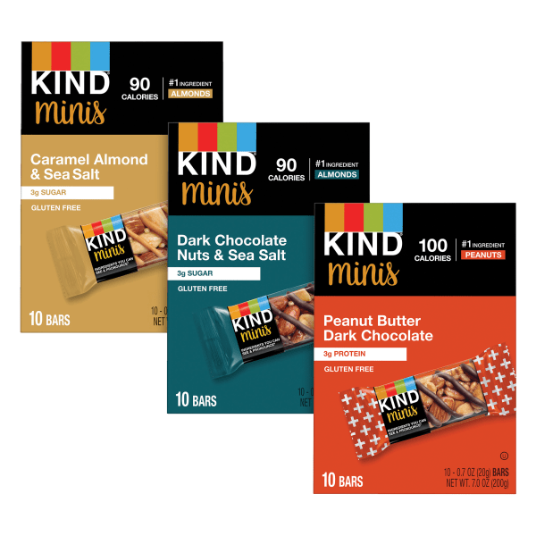 KIND Minis Variety Pack, Dark Chocolate Nuts & Sea Salt/Caramel Almond Sea Salt/Peanut Butter Dark Chocolate, 1.4 Oz, Pack Of 30 Bars -  008101289423