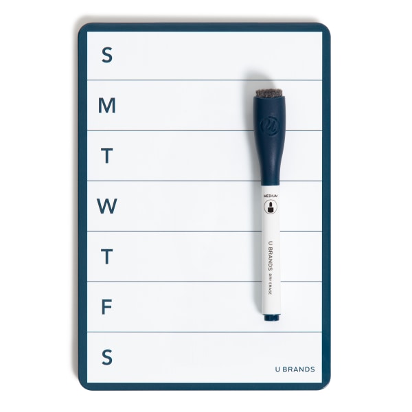 U Brands® Magnetic Polypropylene Weekly Dry-Erase Calendar Board, 5-1/2"" x 8"", White/Dark Indigo Frame -  6885U06-24