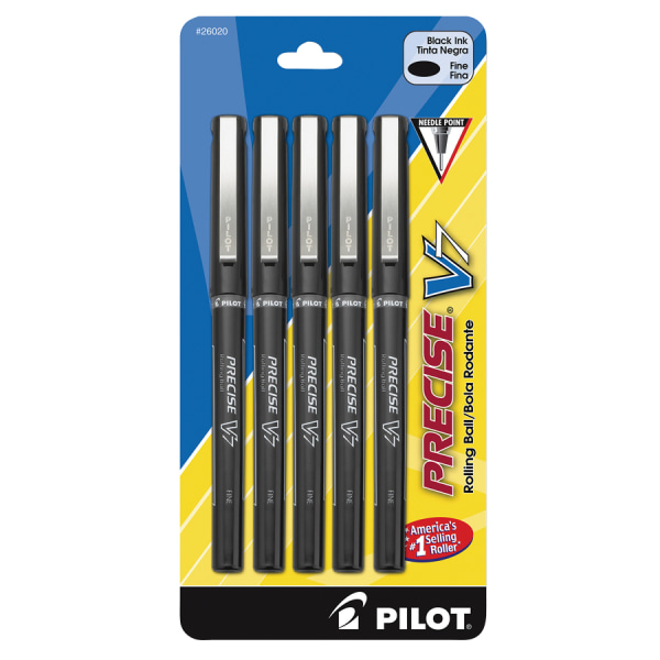 Pilot® Precise™ V7 Liquid Ink Rollerball Pens, Fine Point, 0.7 mm, Black Barrel, Black Ink, Pack Of 5