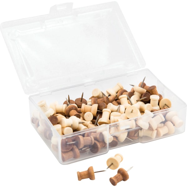 U Brands Wood Push Pins, Natural and Dark, 100-Count (3085U06-24) - 0.38 Shank - 0.25 Head - 100 / Pack - Natural, Brown - Steel, Wood, Plastic