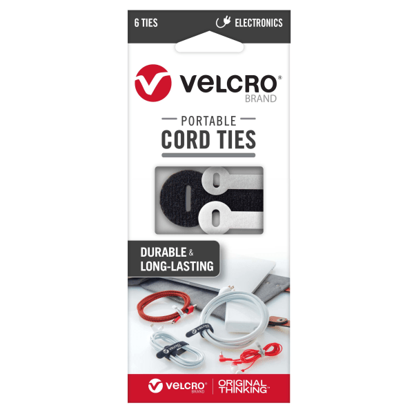 Portable Cord Ties 2 3  x 0.25 / 2 5  x 0.38 / 2 7  x 0.5  Black/Gray/White 6/Pack VEL30815USA
