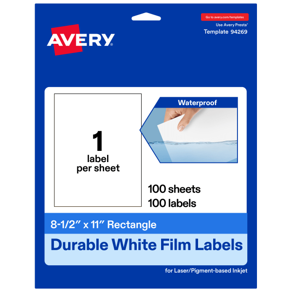 Avery® Waterproof Permanent Labels, 94269-WMF100, Rectangle, 8-1/2" x 11", White, Pack Of 100