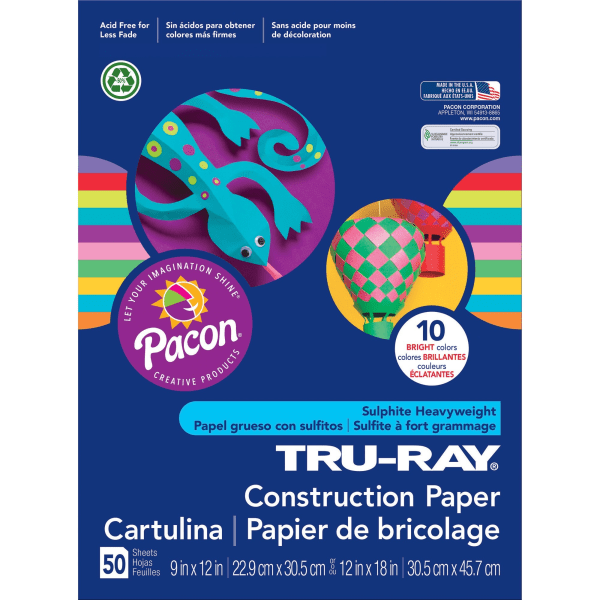 Tru-Ray Construction Paper, 50% Recycled, 9 x 12, Assorted Brights, Pack Of 50