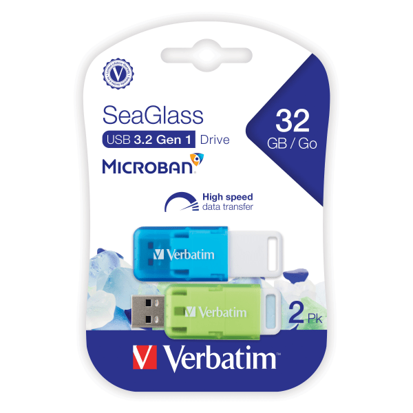 Verbatim SeaGlass USB 3.2 Gen 1 Flash Drives, 32GB, Assorted Colors, Pack Of 2 -  71267