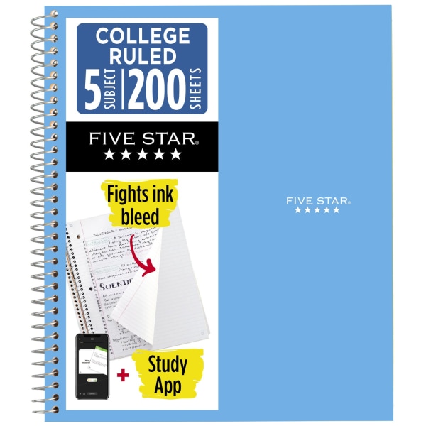 Five Star® Wire-Bound Notebook, 8-1/2" x 11", 5 Subject, College Ruled, 200 Sheets, Pacific Blue