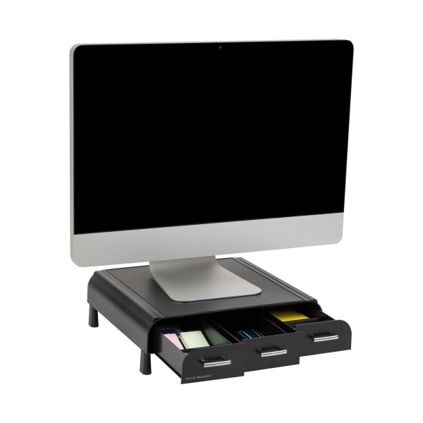 Mind Reader Plastic Monitor Stand and Desk Organizer with 3 Storage Drawers, 4"H x 13"W x 13-1/2"L, Black