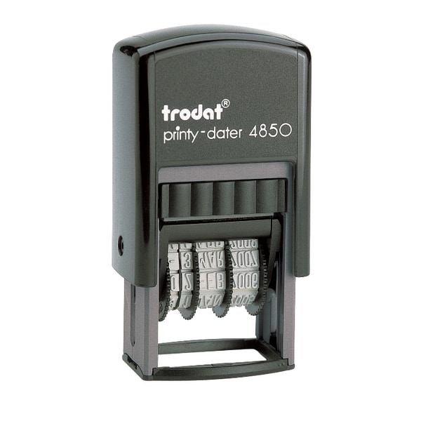 Trodat 4850 Self-Inking Stamp, Micro Date/Message, 4 Phrases, 3/8 x 1, 65% Recycled, Blue/Red
