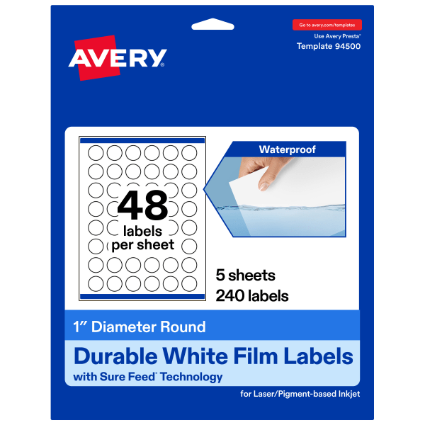Avery® Waterproof Permanent Labels With Sure Feed®, 94500-WMF5, Round, 1" Diameter, White, Pack Of 240