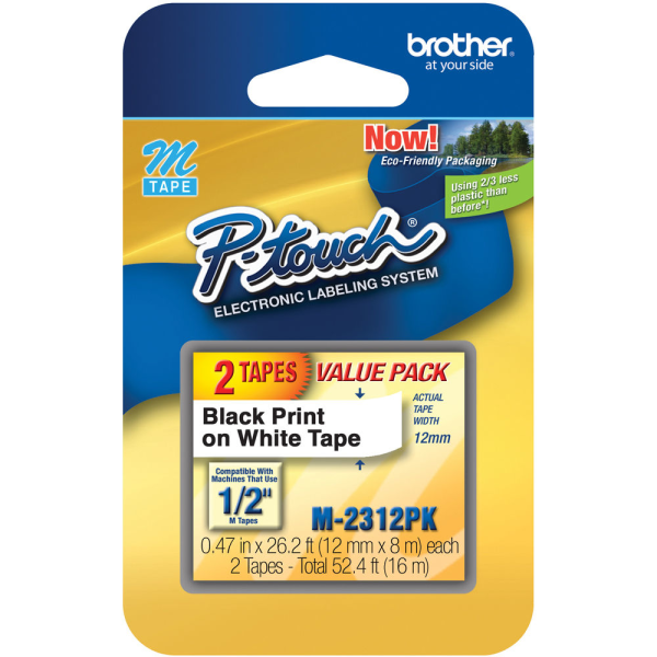 Brother® M-2312PK Label Maker Tapes, 1/2" x 26 3/16', White, Pack Of 2