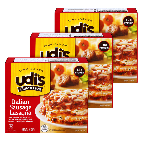Udis Gluten Free Italian Sausage Lasagna, 8 Oz, Pack Of 3 - 9899780803 - Food, Beverages and Tobacco A 3 count pack of UDIs Gluten Free Italian Sausage sku 9899780803