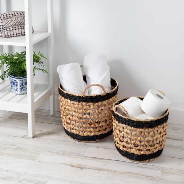 Set of 2 Round Decorative Wicker Baskets with Handles  Natural/Black