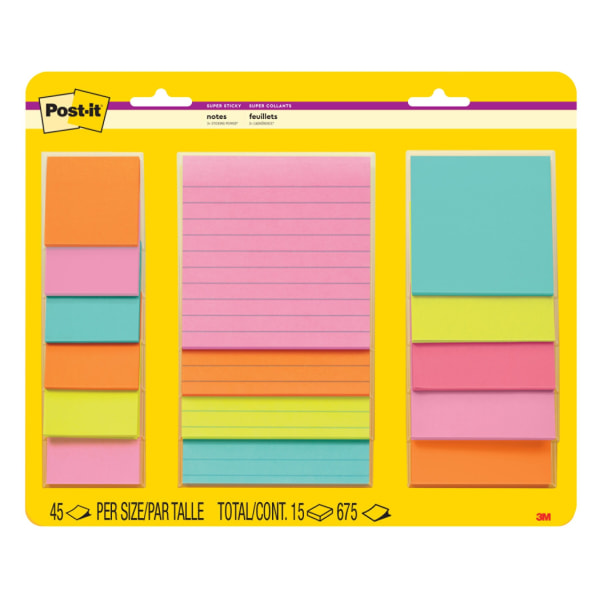 Post-it Super Sticky Notes, Supernova Neons Collection, 45 Sheets/Pad, 15 Pads/Pack (4423-15SSMIA), Paper | Quill