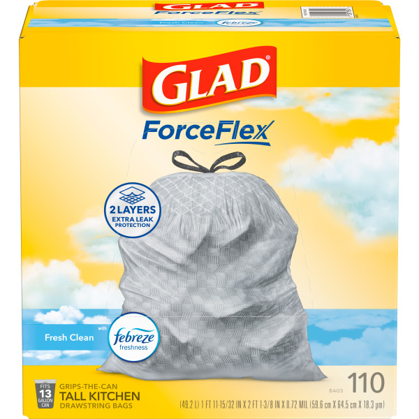 Glad ForceFlex Tall Kitchen Drawstring Trash Bags - 13 Gallon Trash Bag  Fresh Clean scent with Febreze Freshness - 110 Count