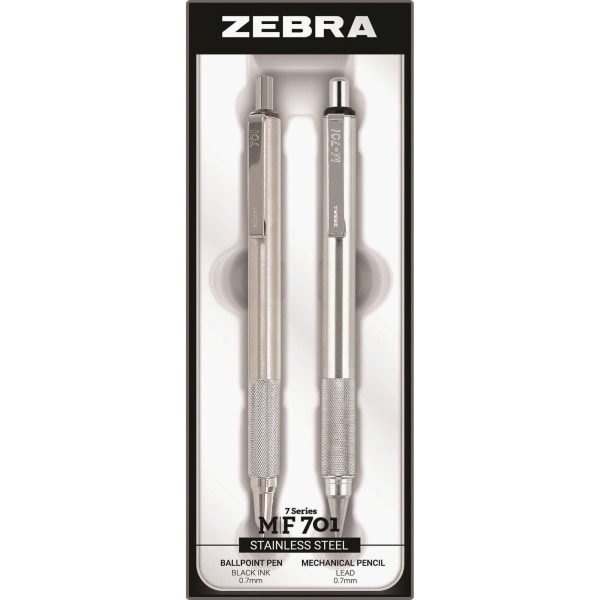 Zebra STEEL 7 Series M/F 701 Mechanical Pencil & Ballpoint Pen Set - 0.7 mm Pen Point Size - 0.7 mm Lead Size - Refillable - Stainless Steel - 2 / Set -  10519