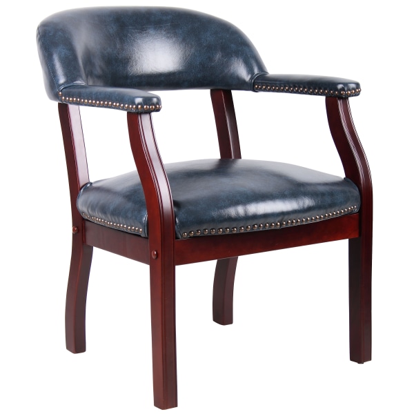 Captain's Chair Blue - Boss Office Products: Mahogany Finish, Brass Trim, Vinyl Upholstered