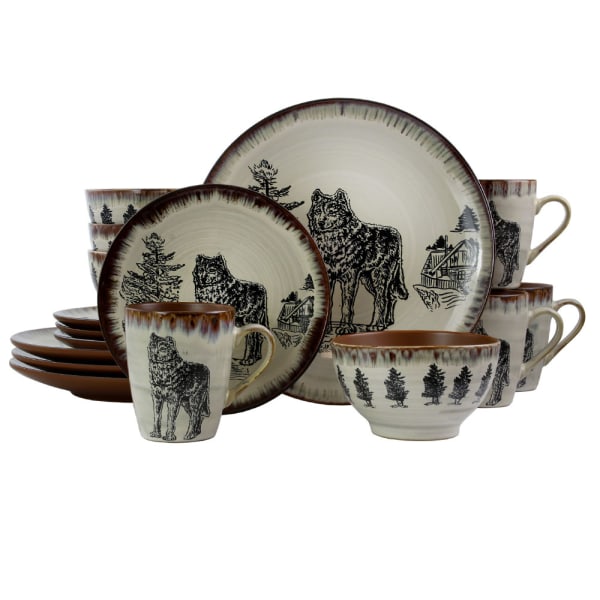 Photos - Glass Elama 16-Piece Stoneware Dinnerware Set, Taupe/Majestic Wolf 995112048M