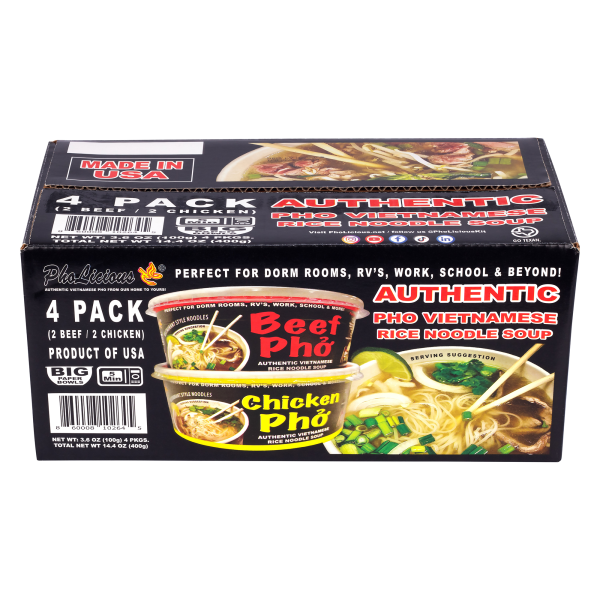Pholicious Instant Pho Variety Pack Vietnamese Rice Noodle Soup 4 Count Combo Box 2 Chicken & 2 Beef Single Serve 3.6 Ounce Bowls Ramen Alternative & Fresh Ingredients As Seen on Shark Tank