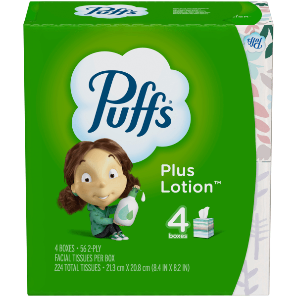 Puffs Plus Lotion 2Ply Facial Tissues White 56 Sheets Per Box Pack of 4 Boxes