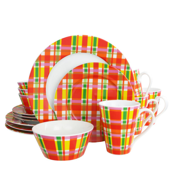 Photos - Glass Frenchbull Oui by French Bull 16-Piece Porcelain Dinnerware Set, Multicolor Plaid 995110464M 