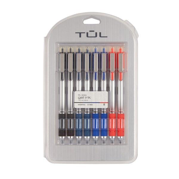 TUL GL Series Retractable Gel Pens, Medium Point, 0.7 mm, Sliver Barrel, Assorted Standard Inks, Pack Of 8 Pens