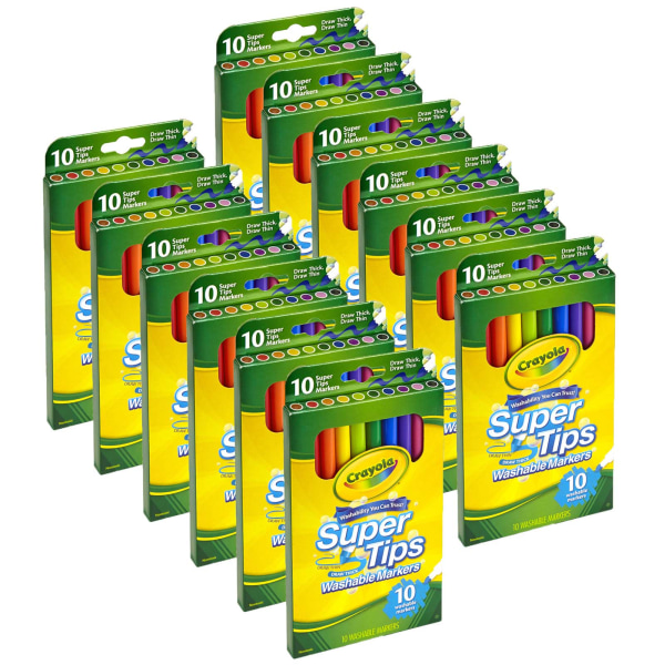 Crayola Washable Super Tips Markers, Conical, Assorted Colors, Pack Of 10 Markers, Set Of 12 Packs