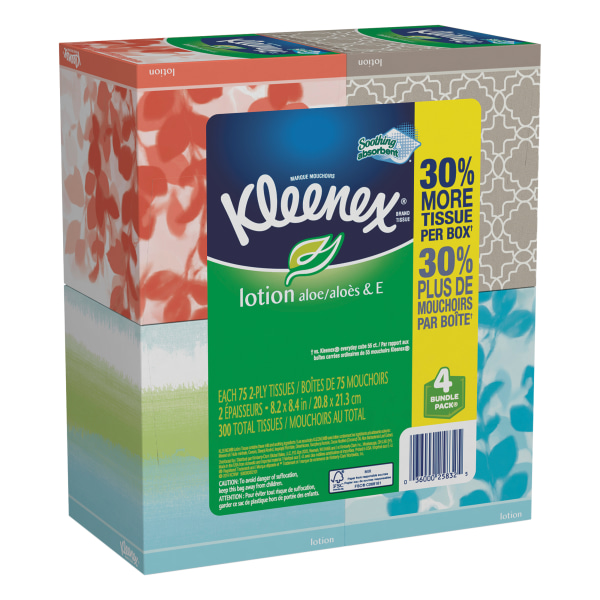 UPC 036000258325 product image for Kleenex� FSC Certified Lotion 2-Ply Facial Tissues, 75 Sheets Per Box, Pack Of 4 | upcitemdb.com