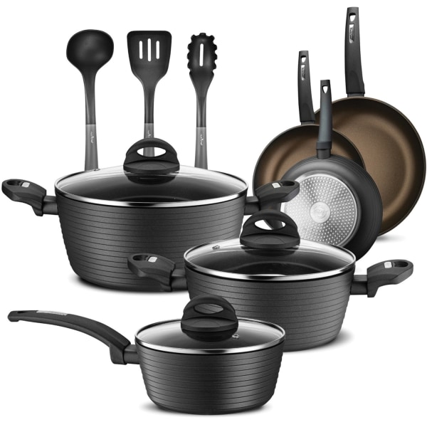 NutriChef Ridge Line Nonstick Kitchen Cookware Pots and Pan  12 Pieces Set  Gray