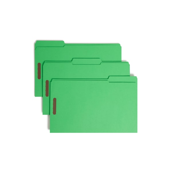Smead® Color Reinforced Tab Fastener Folders, Legal Size, 1/3 Cut, Green, Pack Of 50