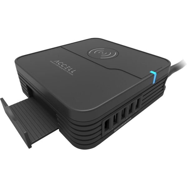 Accell Power Wireless Charger Pad - Qi-compatible charging with 5 USB Ports and 2 AC Outlets, 8ft power cord, stand holds up to 3 devices - 120 V AC I