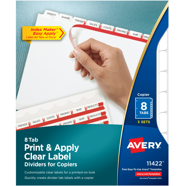 Avery&reg; Print &amp; Apply Clear Label Dividers With Index Maker&reg; Easy Apply&trade; Printable Label Strip for Copiers, 8-1/2&quot; x 11&quot;, 8-Tab, White, Pack of 5 Sets AVE11422