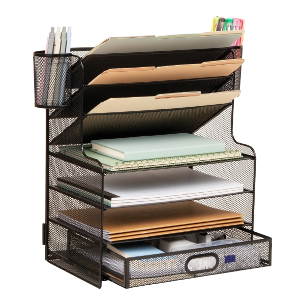 Mind Reader 6-Compartment Mesh Desk Organizer, 16"H x 9"W x 17-1/4"D, Black