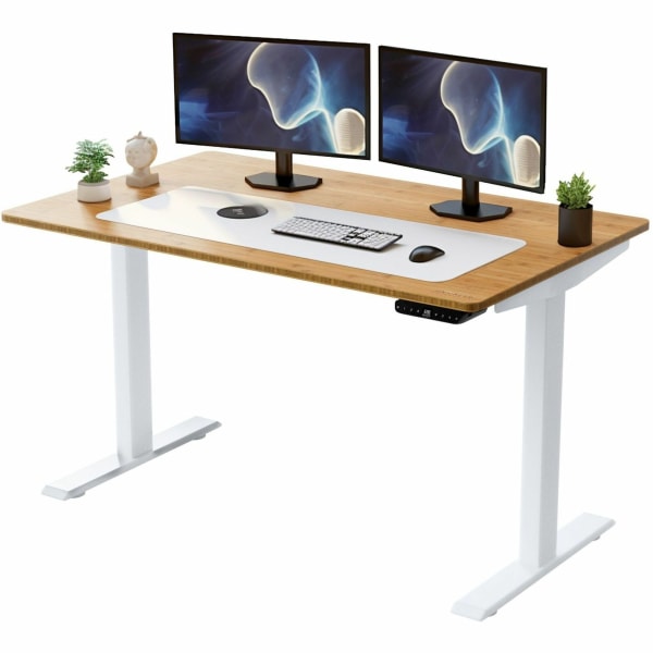 Rise Up Electric Standing Desk 60x30 Natural Bamboo Desktop Dual Motors Adjustable Height White Frame (26-51.6) with memory