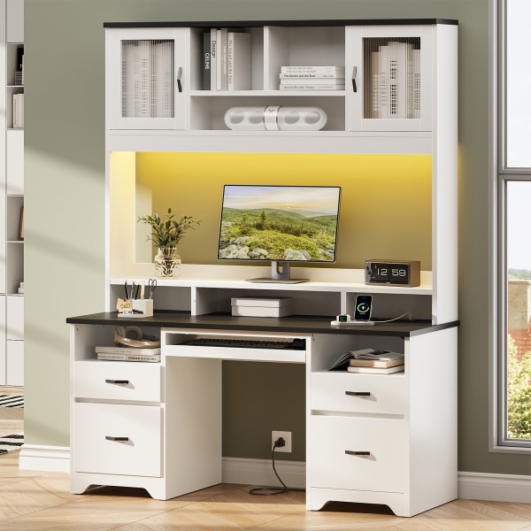 Bestier 59"W Rectangular Executive Ergonomic Computer Desk, Black/White