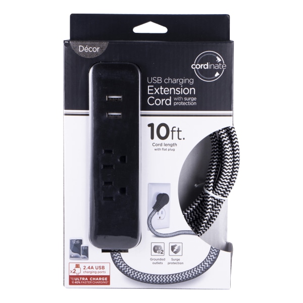 Cordinate 4Outlet 16Gauge USB Extension Cord With Surge Protection 10 BlackWhite