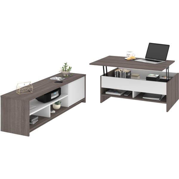 Bestar Small Space 2-Piece Set With Lift-Top Coffee Table And TV Stand, Bark Gray/White -  16850-47